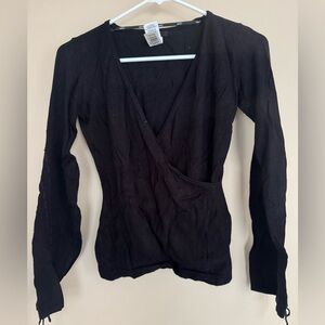 Mango Elegant Black Wrap Long Sleeve Top with Lace Up Detail